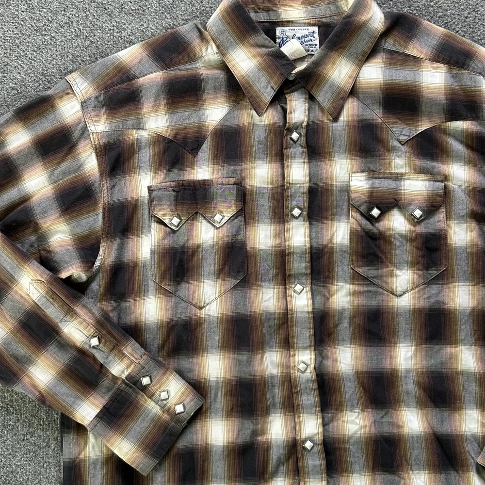Rockmount Ranch Wear Shirt Mens XLT Brown Plaid Western Saw Tooth Vintage